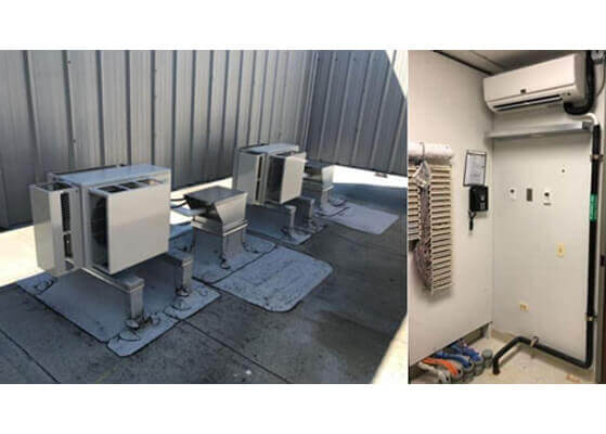 Split image of the new cooling system installed at an office building consisting of wall-mounted indoor units and remote outdoor condensing units