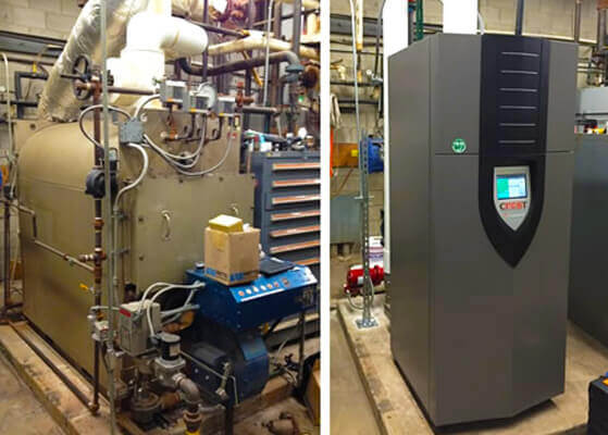 Before and after image of the boiler system installed at a client's lab facility