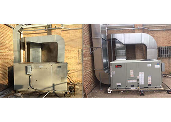 Before and after image of a new rooftop unit at a health care center in Chicago